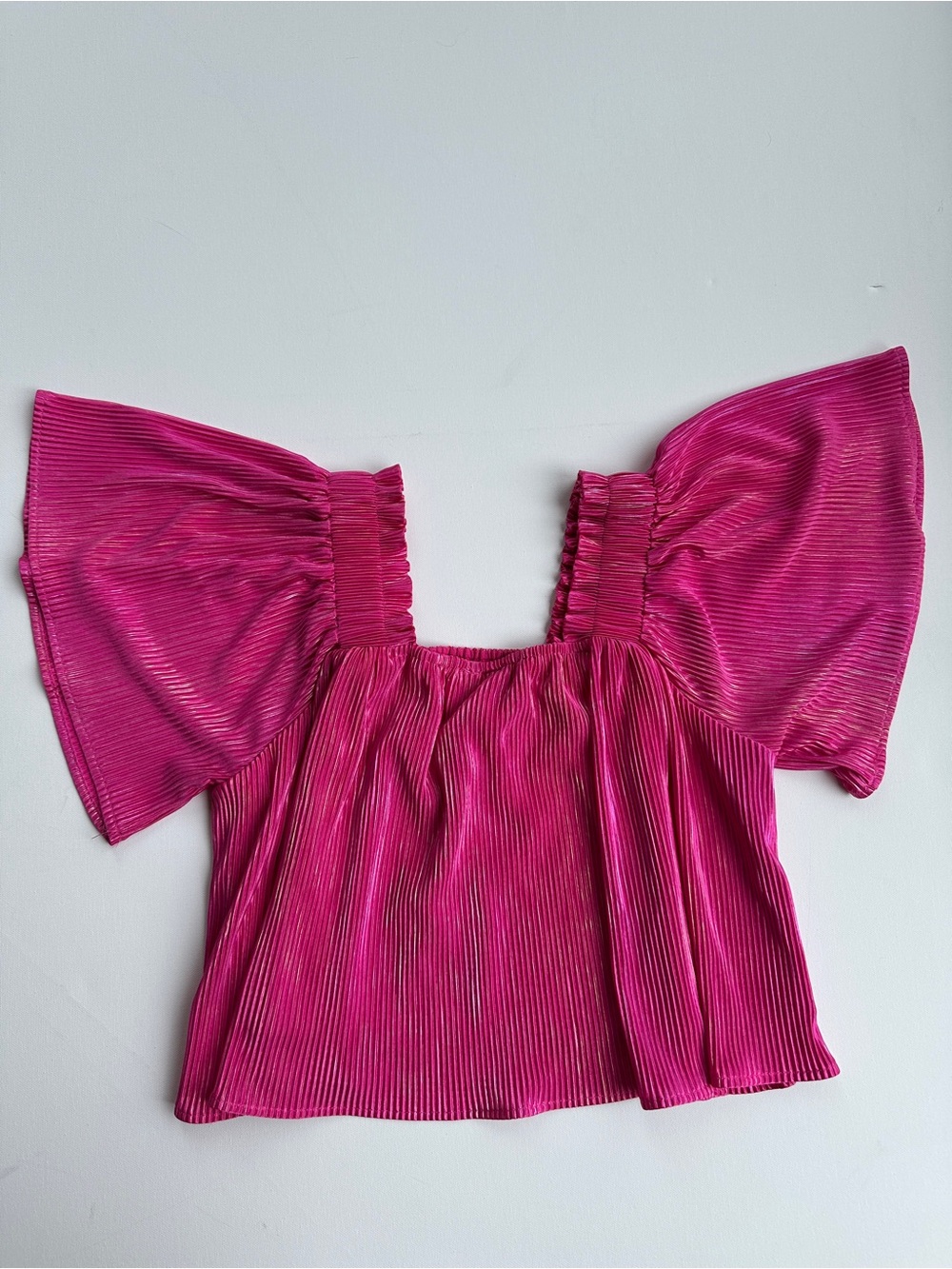 Queen of Sparkles Bright Pink Fuchsia Pleated Flutter Sleeve Top Youth XXL